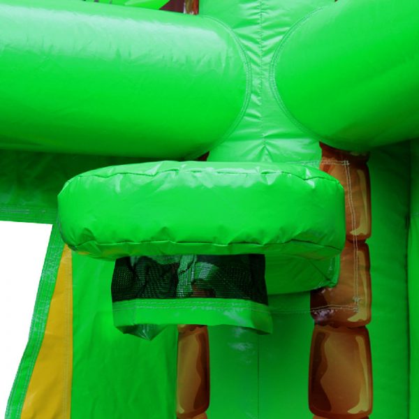 Green bouncy castle basketball hoop with a black netting.