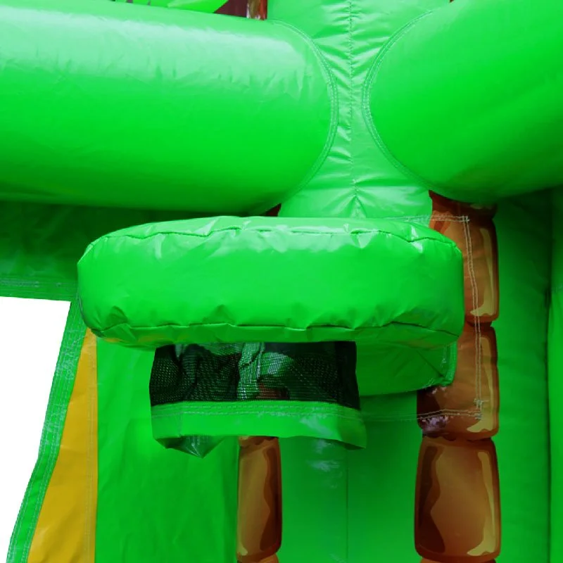 Green bouncy castle basketball hoop with a black netting.