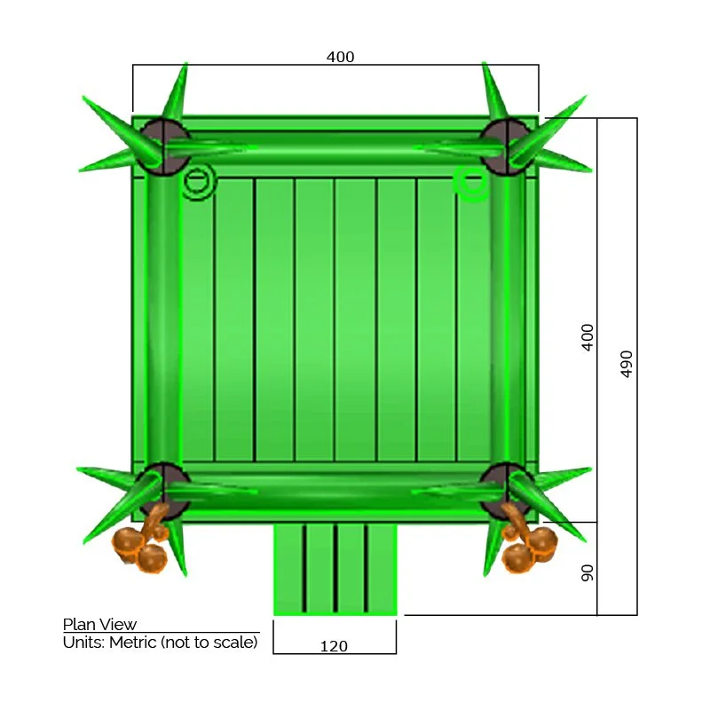 Bounce house plan view dimensions. Total length is 490 cm. and total width is 400 cm.