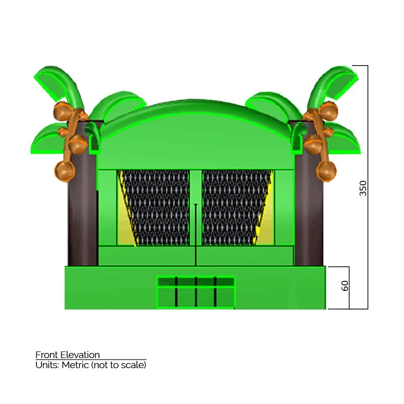 Tropical Bounce House front elevation dimensions. Total height is 350 cm.