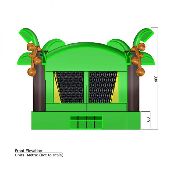 Tropical Bounce House front elevation dimensions. Total height is 400 cm.