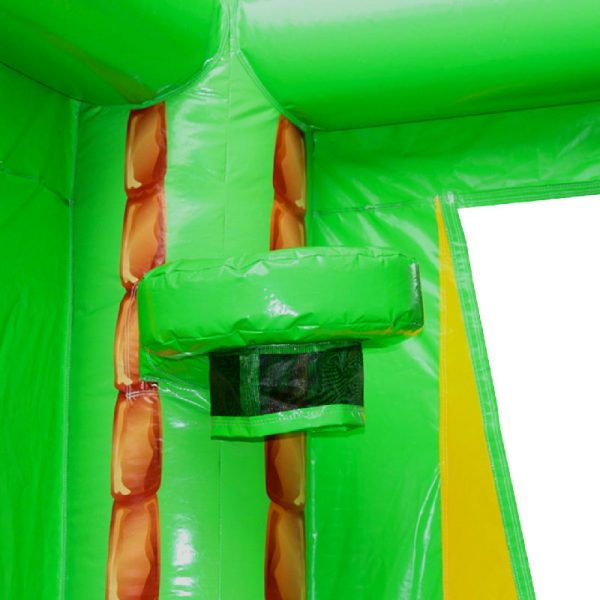 Green bouncy castle basketball hoop with a black netting.
