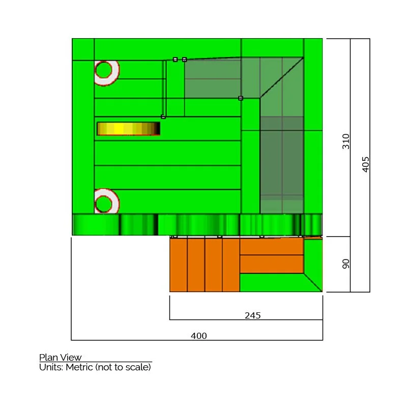 Bounce house plan view dimensions. Total length is 405 cm. and total width is 400 cm.