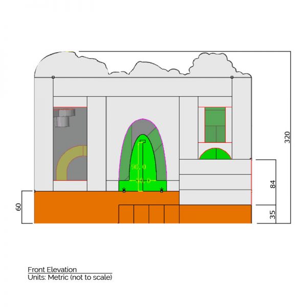 Dinosaurs Bounce House front elevation dimensions. Total height is 320 cm.