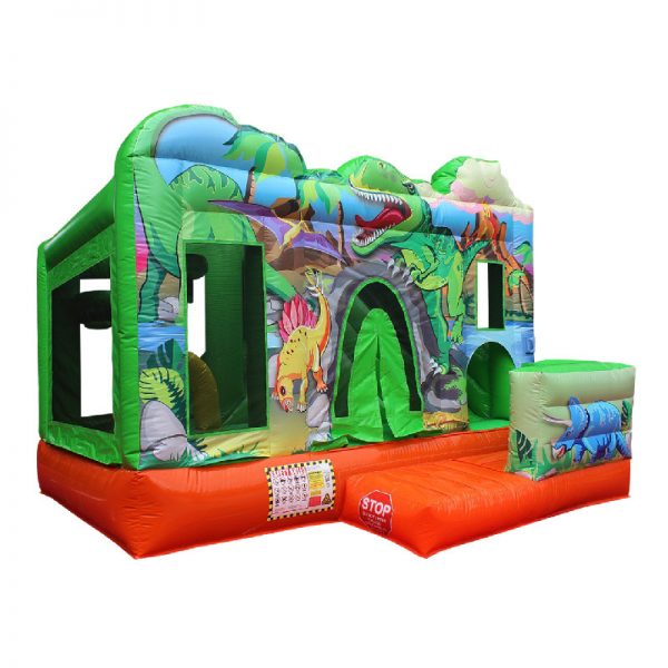 Front view of a Dino themed inflatable featuring dinosaurs like Tyrannosaurus, Brachiosaurus, Triceratops and Stegosaurus.