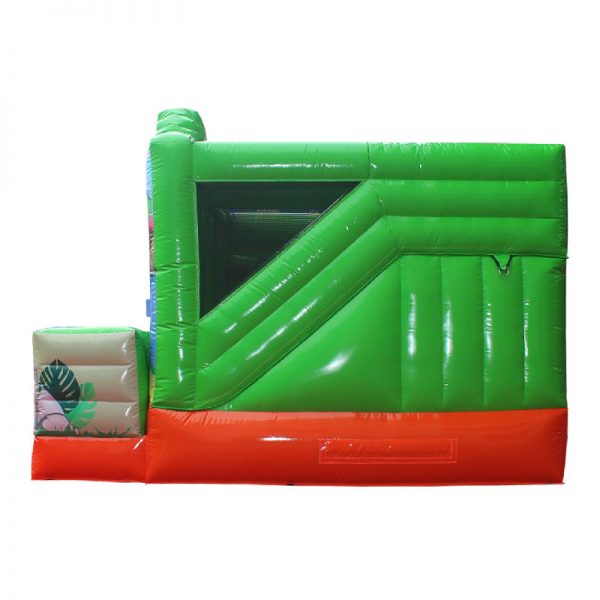Side view of a green and orange Dino themed inflatable.