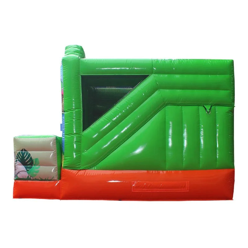 Side view of a green and orange Dino themed inflatable.
