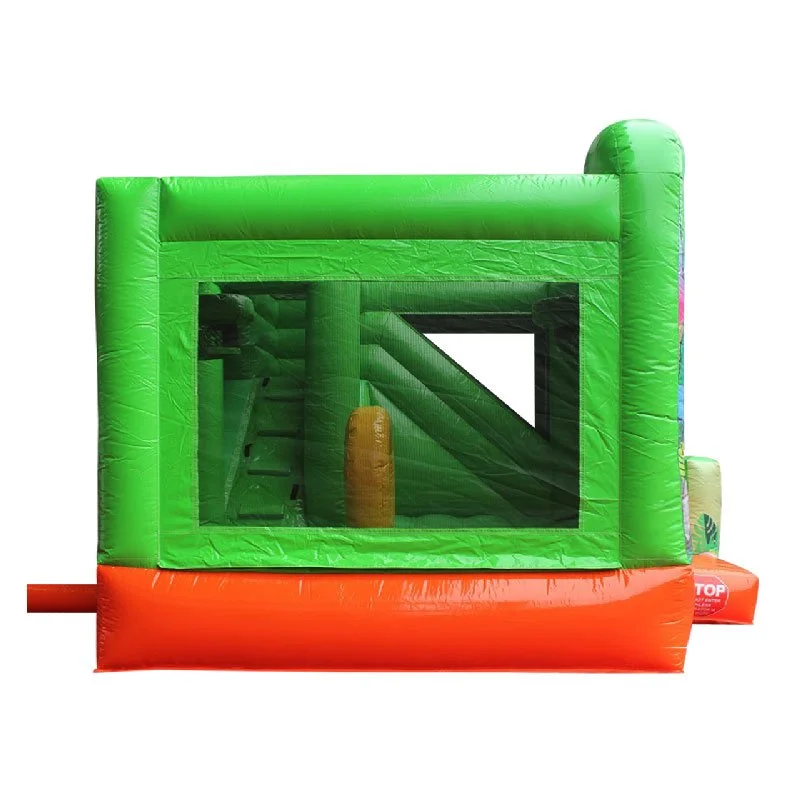 Side view of a green and orange Dino themed inflatable.