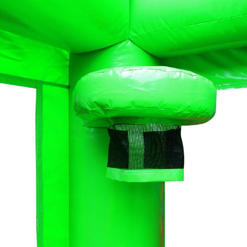 Green bouncy castle basketball hoop with a black netting.