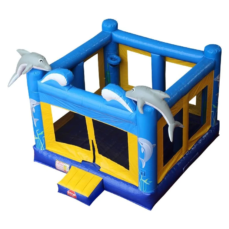 Blue and yellow Dolphin bouncy castle birds eye view.