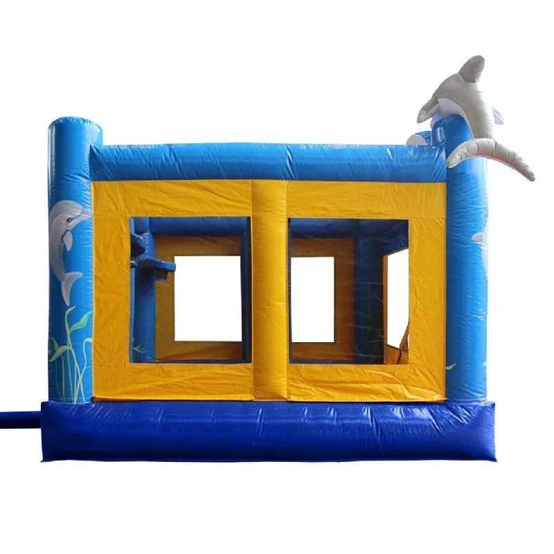Blue and yellow Dolphin bouncy castle side view.