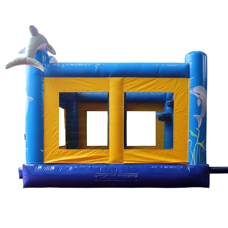 Blue and yellow Dolphin bouncy castle side view.