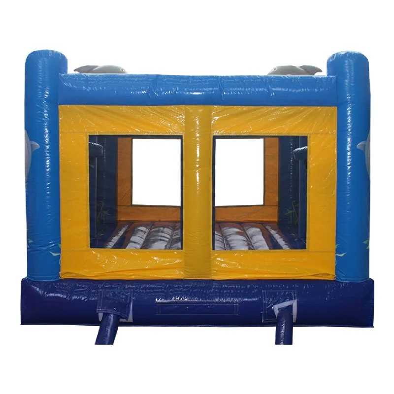 Blue and yellow Dolphin bouncy castle rear view.