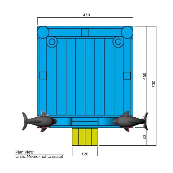 Dolphin bounce house plan view dimensions. Total length is 530 cm. and total width is 450 cm.