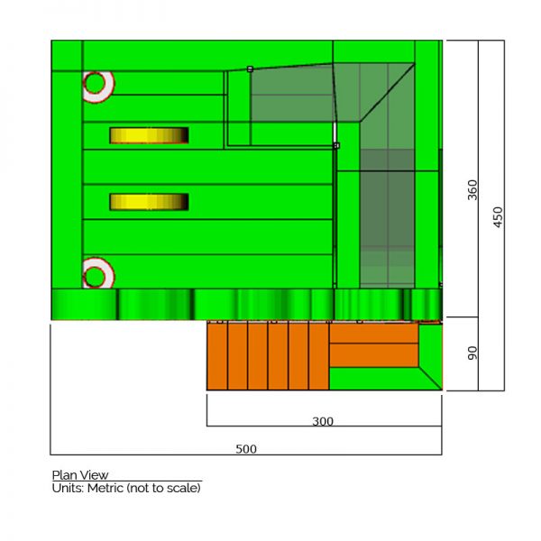 Dinosaurs combo bounce house plan view dimensions. Total length is 500 cm. and total width is 450 cm.
