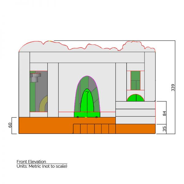 Dinosaurs Bounce House front elevation dimensions. Total height is 339 cm.