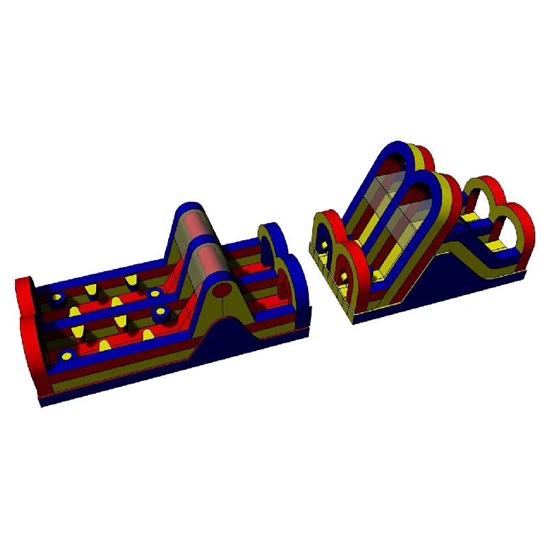 Yellow, blue and red Inflatable Obstacle Course in perspective view.