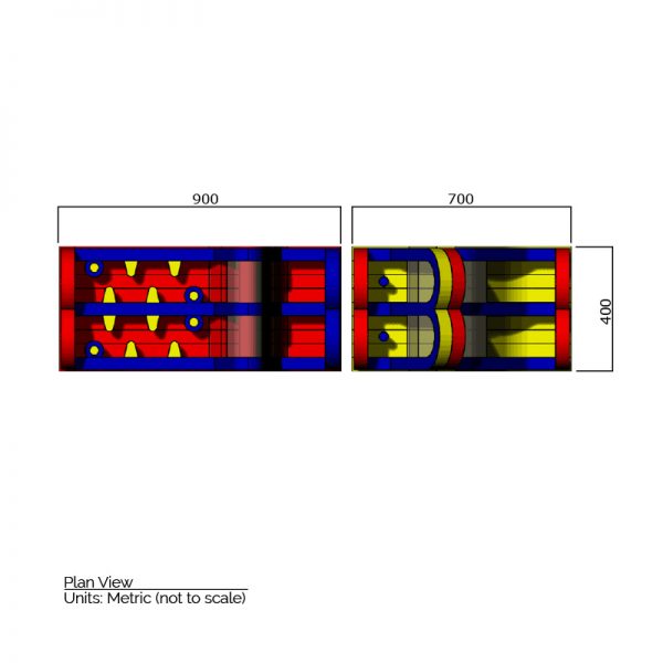 Two parts of Inflatable Obstacle Course in plan view. Length is 900 and 700 cm. and total width is 400 cm.