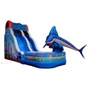 Inflatable water slide with a pool at the bottom of the slide.