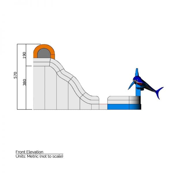 Inflatable slide side elevation dimensions. Total height is 570 cm.