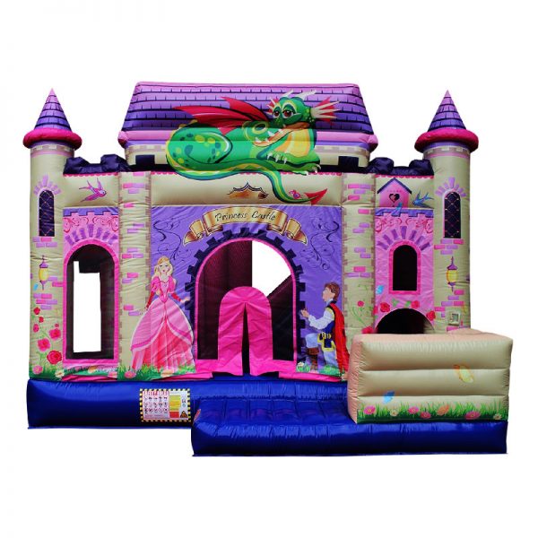 Front view of a Princess themed inflatable bouncy castle.