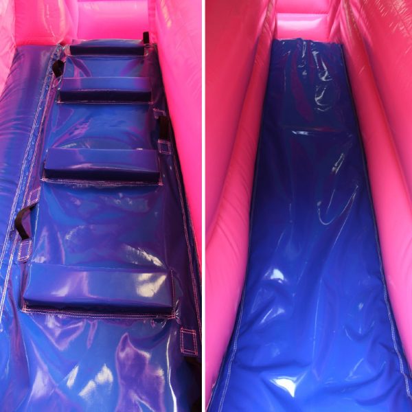Closeup of a pink and purple bouncy castle climbing wall and a slide.