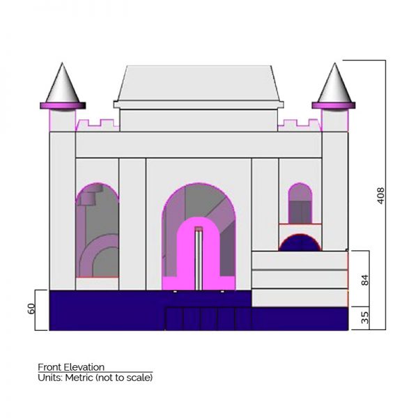 Princess Combo Bounce House front elevation dimensions. Total height is 408 cm.