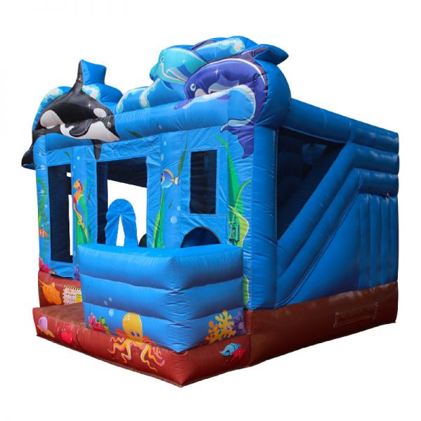 Perspective view of a blue and brown Sea themed inflatable bounce house.