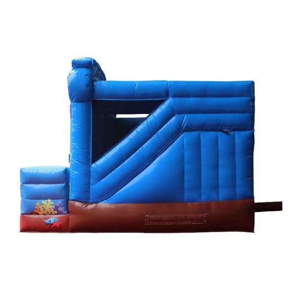 Side view of a blue and brown inflatable.