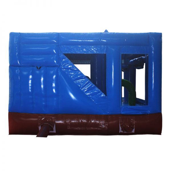 Rear view of a blue and brown inflatable.