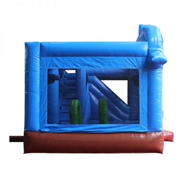 Side view of a blue and brown inflatable.