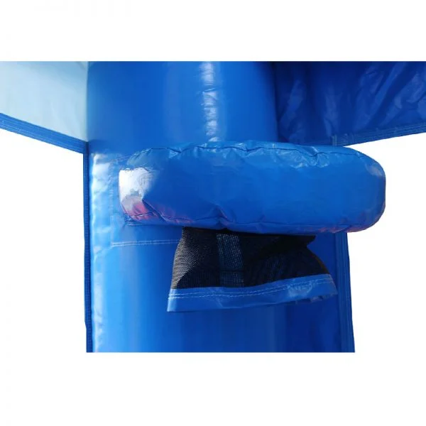 Bouncy castle basketball hoop with a black netting on the corner column of a blue bouncy castle.