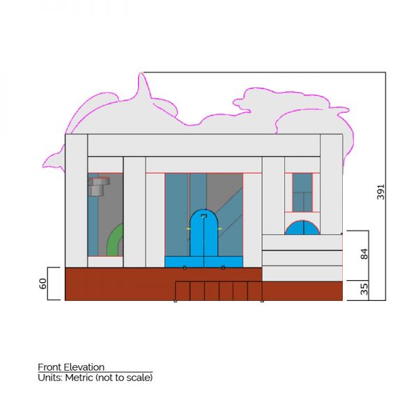 Sea Combo Bounce House front elevation dimensions. Total height is 391 cm.