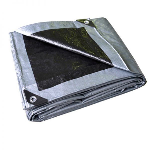 folded black and silver tarp