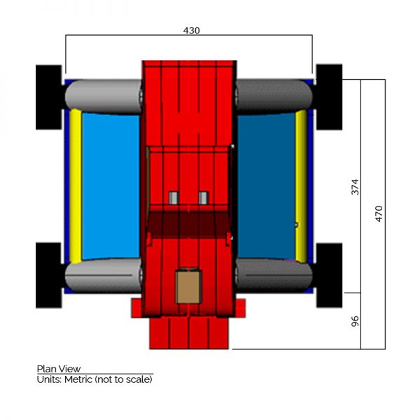 Monster Truck bounce house plan view dimensions. Length is 470 cm. and width is 430 cm.