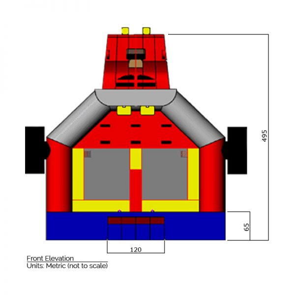 Monster Truck Bounce House front elevation dimensions. Total height is 495 cm.