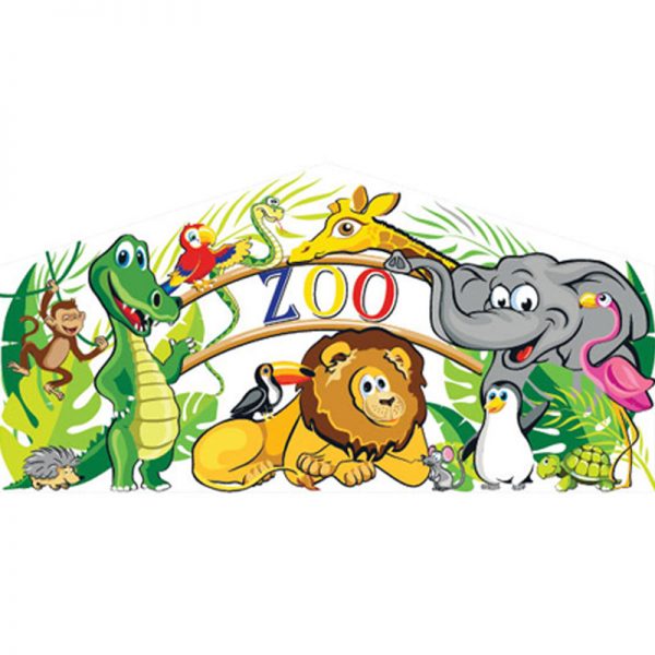 Zoo art panel featuring a zoo sign and cartoon zoo animals.