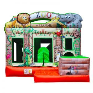 Front view of a Zoo themed inflatable bouncy castle.