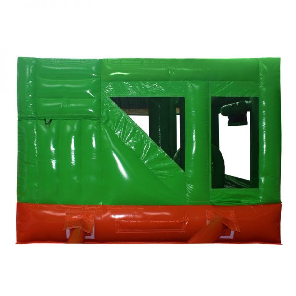 Rear view of a green and orange inflatable.