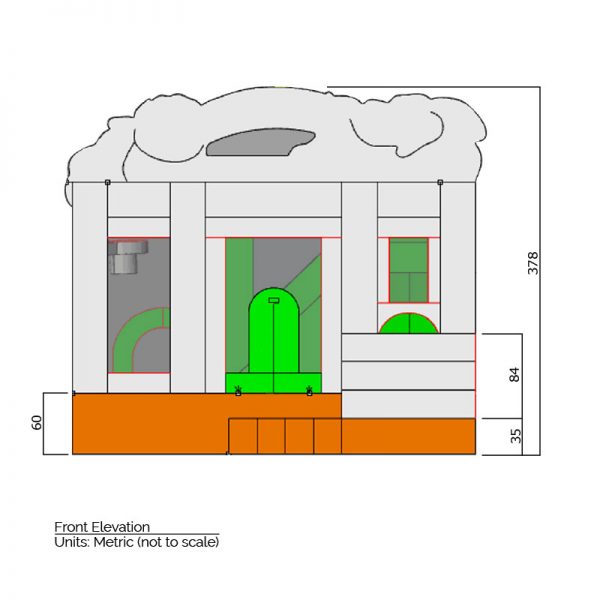 Zoo Combo Bounce House front elevation dimensions. Total height is 378 cm.