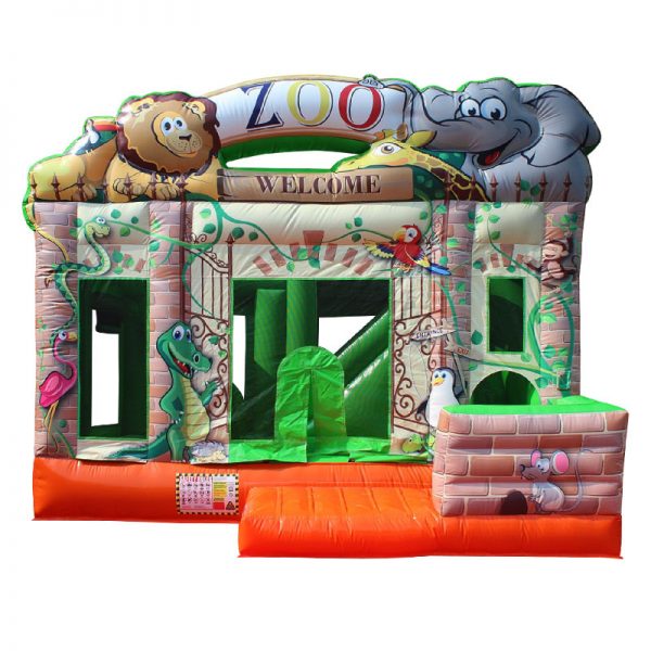 Front view of a Zoo themed inflatable bouncy castle.