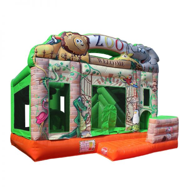 Perspective view of a Zoo themed inflatable bouncy castle.