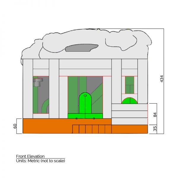 Zoo Combo Bounce House front elevation dimensions. Total height is 434 cm.