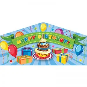 Blue Happy Birthday art panel featuring a birthday cake, presents and balloons.