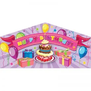 Pink Happy Birthday art panel featuring a birthday cake, presents and balloons.