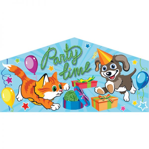 Party Time art panel featuring a cat and a dog wearing a party hat. Presents and balloons are all around them.