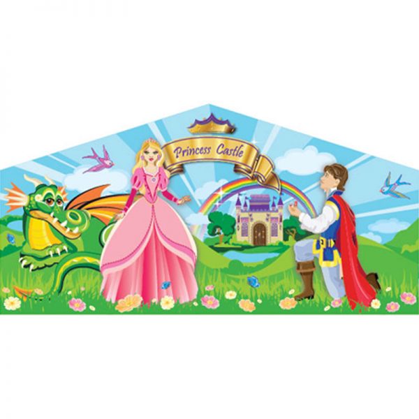 Princess Themed art panel featuring a princess, a prince, and a dragon on the beautiful field of wild flowers and a princess castle in the background.