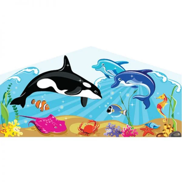 Sea themed art panel featuring an orca whale, two dolphins and other sea creatures.