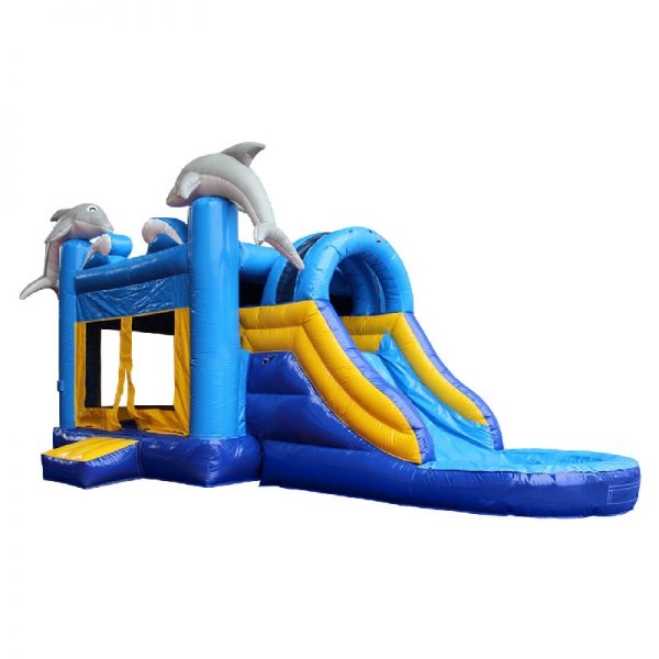Front perspective view of a blue and yellow Dolphin water slide bouncy castle with two grey dolphins mounted on the front columns of the inflatable.