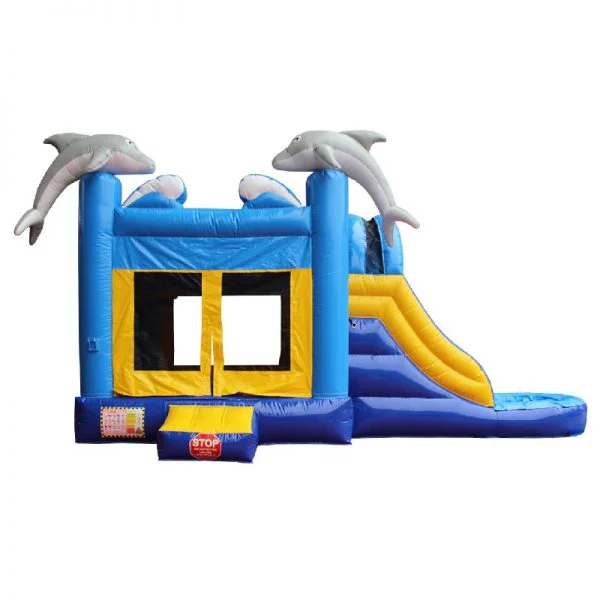 Front elevation view of a blue and yellow Dolphin water slide bouncy castle with two grey dolphins mounted on the front columns of the inflatable.